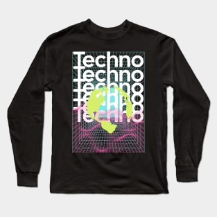 TECHNO  - Grid Globe (White/pink/lime) Long Sleeve T-Shirt